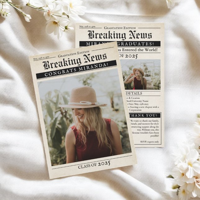 Vintage Retro Newspaper 3 Photos Graduation Announcement (Vintage Retro Newspaper 3 Photos Graduation Announcement)
