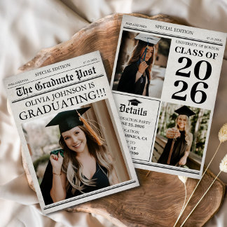Vintage Retro Newspaper 3 Photos Graduation Invitation