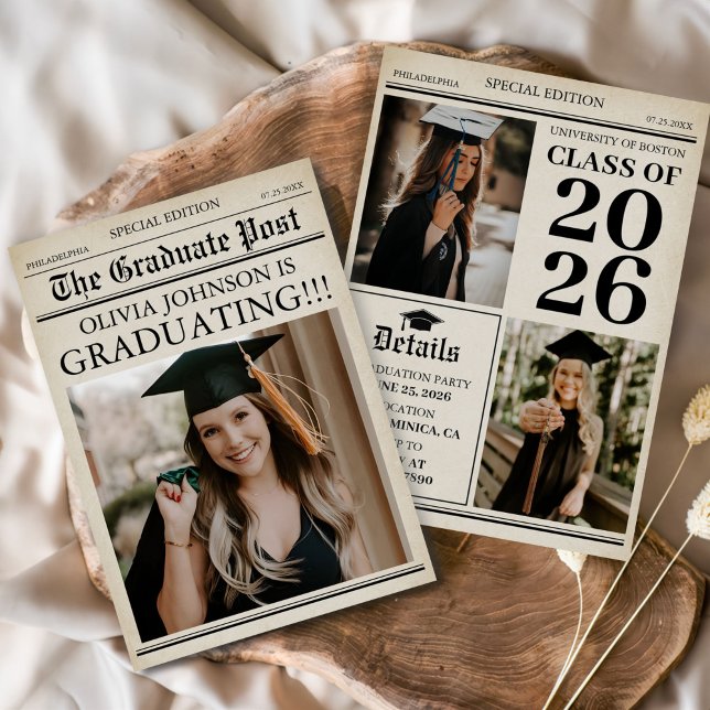 Vintage Retro Newspaper 3 Photos Graduation Invitation (Creator Uploaded)