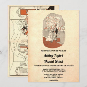 Vintage Retro Old Bride Groom Comic Rustic Wedding Invitation
