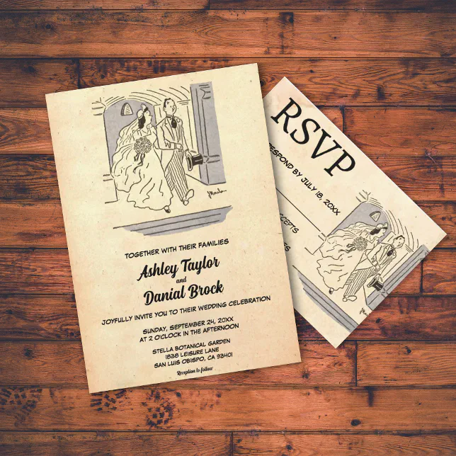 Vintage Retro Old Bride Groom Comic Rustic Wedding Invitation | Zazzle