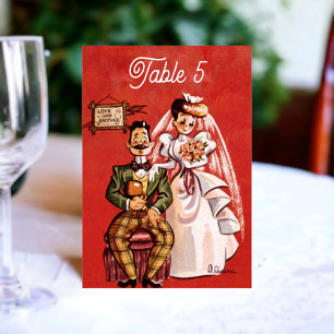 Vintage Retro Old Bride Groom Comic Rustic Wedding Table Number