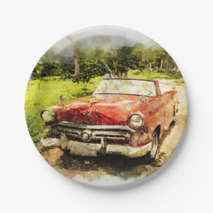 Vintage Retro Old Classic Car Auto Watercolor Art Paper Plate