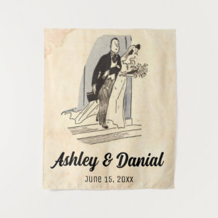 Vintage Retro Old Just Married Bride Groom Wedding Tapestry
