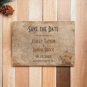 Vintage Retro Old Map Ship Classic Wedding Save The Date