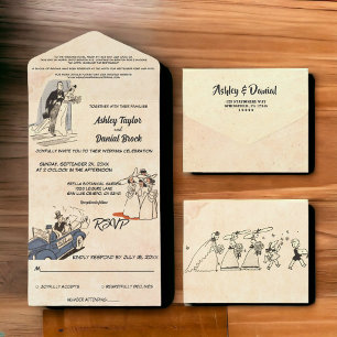 Vintage Retro Old Romantic 50s Comic Book Wedding All In One Invitation