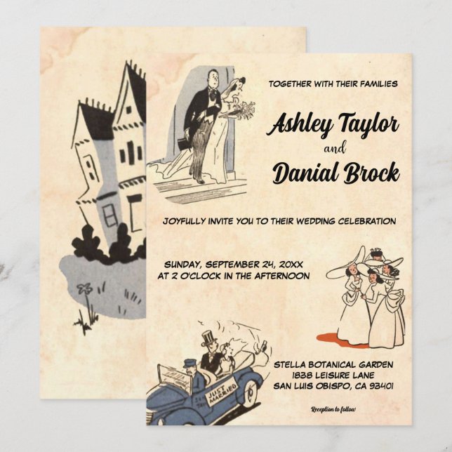Vintage Retro Old Romantic Classic Comic Wedding Invitation (Front/Back)