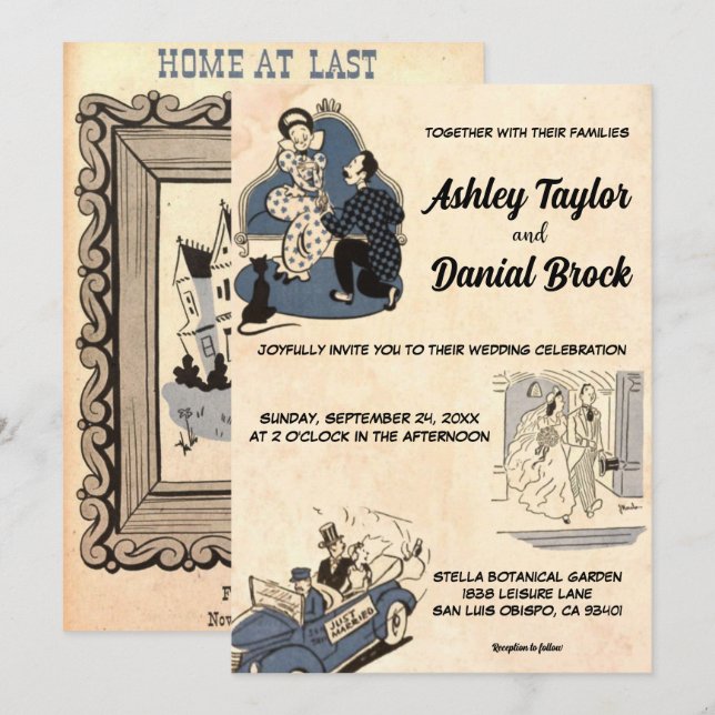 Vintage Retro Old Romantic Comic Modern Wedding Invitation (Front/Back)