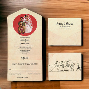 Vintage Retro Old Rustic Couple Stylish Wedding All In One Invitation
