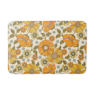 Vintage Retro Orange Floral Pattern Bath Mat