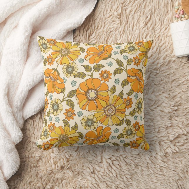 Vintage Retro Orange Floral Pattern Cushion (Blanket)