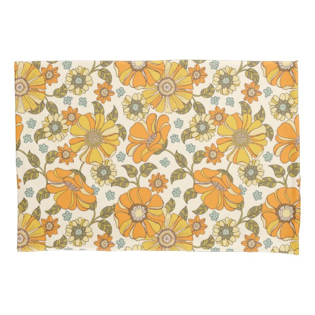 Vintage Retro Orange Floral Pattern Pillowcase (Front)