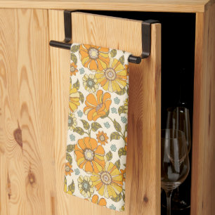 Vintage Retro Orange Floral Pattern Tea Towel