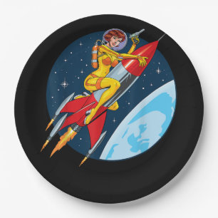 Vintage Retro Outer Space Sci-Fi Female Astronaut  Paper Plate
