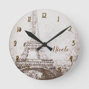Vintage Retro Paris Eiffel Tower Personalised Round Clock