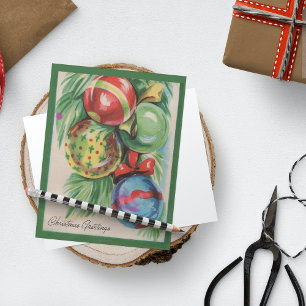 Vintage Retro Pine Branch Ball Christmas Greetings Holiday Postcard