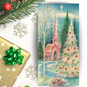 Vintage Retro Pink Church In Snow Custom Christmas Holiday Card