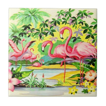 Vintage Retro Pink Flamingo Birds Flocking Tile