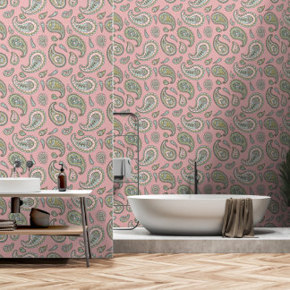Vintage Retro Pink Green Paisley Pattern Wallpaper