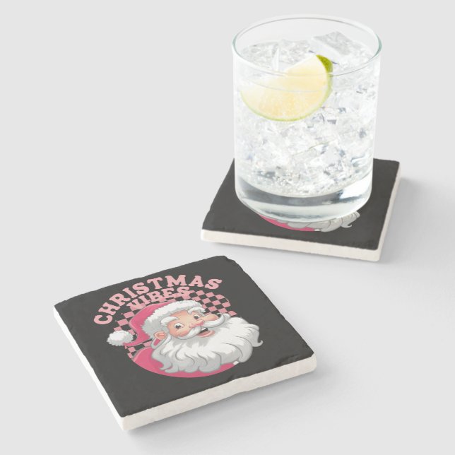 Vintage Retro Pink Santa Christmas Stone Coaster (Side)