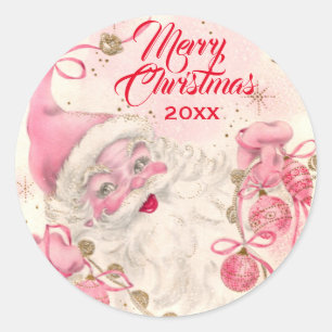 Vintage Retro Pink Santa Clause Christmas Holiday Classic Round Sticker