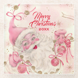 Vintage Retro Pink Santa Clause Christmas Holiday Glass Coaster