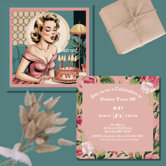 Vintage Retro Pinup girl Elegant Floral Birthday Invitation