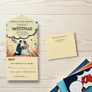 Vintage Retro Pop Art Bride & Groom Comic Wedding All In One Invitation