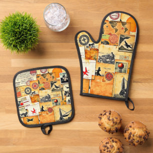 Vintage Retro Postcard Mix Oven Mitt & Pot Holder Set