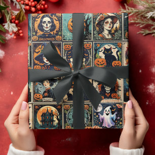 Vintage Retro Pumpkin Witch Halloween Pattern Wrapping Paper