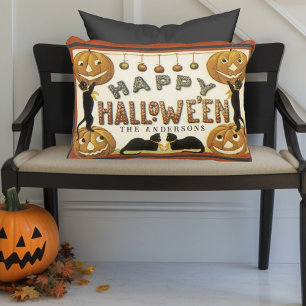 Vintage Retro Pumpkins and Cats Custom Halloween Decorative Cushion