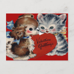 Vintage Retro Puppy & Kitten Valentine Card