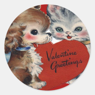 Vintage Retro Puppy & Kitten Valentine Card Classic Round Sticker