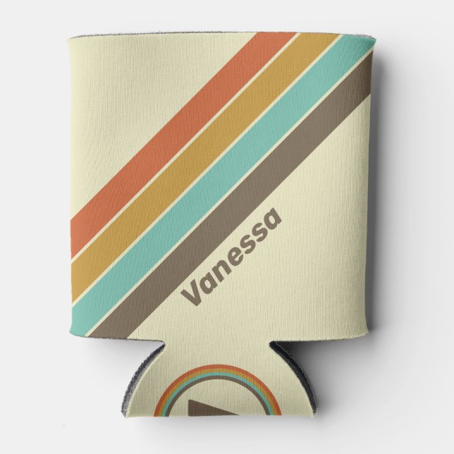 Vintage Retro Rainbow Striped with Name Can Cooler (Front)
