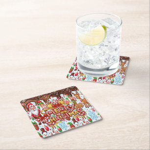 Vintage Retro Red Candy Cane Wonderland Christmas Square Paper Coaster