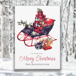 Vintage Retro Red Sleigh Christmas Greeting Card<br><div class="desc">Elegant classic vintage retro antique red and black sleigh with a sprinkle of snowflakes,  for an elegant homey style with gifts and sleigh bells surrounding the sleigh,  and an elegant script type Merry Christmas.</div>