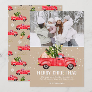Vintage retro red truck Christmas tree beige photo Holiday Card