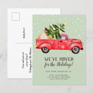 Vintage retro red truck Christmas tree moving Announcement Postcard
