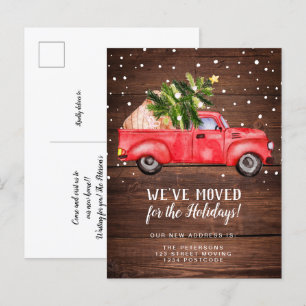 Vintage retro red truck Christmas tree wood moving Announcement Postcard