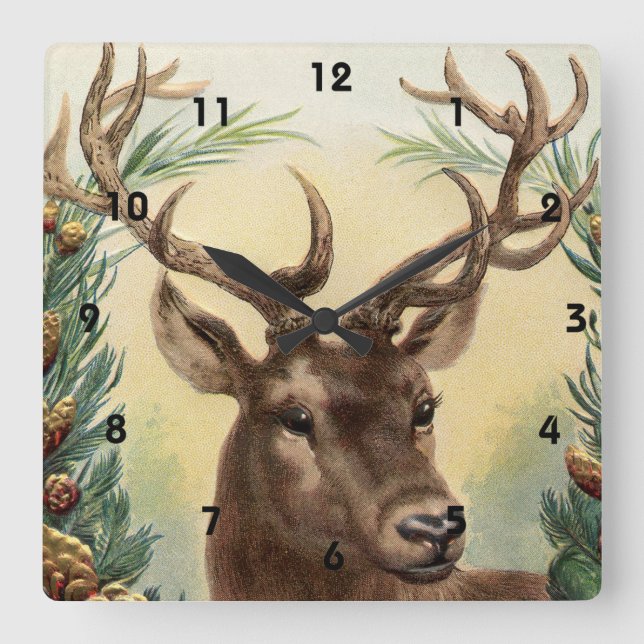 Vintage Retro Reindeer Deer Christmas Square Wall Clock (Front)