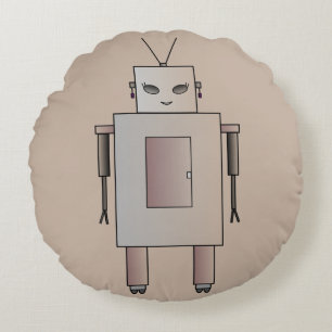 Vintage Retro Robot Cute Girl Hottie Whimsical Round Cushion