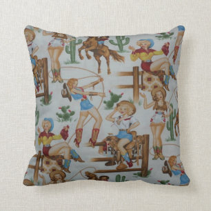 Vintage Retro Rodeo Cowgirls MoJo Throw Pillow