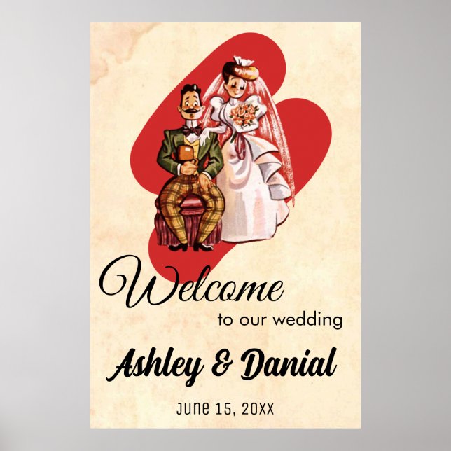 Vintage Retro Romantic Bride Groom Rustic Wedding Poster (Front)