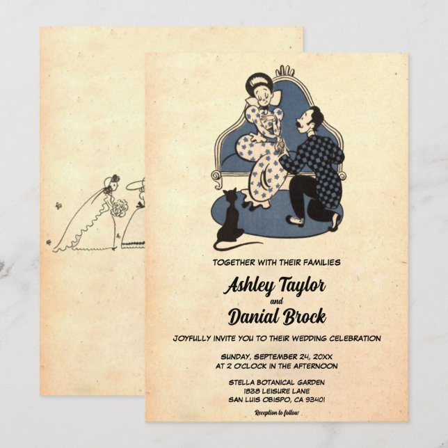 Vintage Retro Romantic Couple Old Rustic Wedding Invitation (Front/Back)