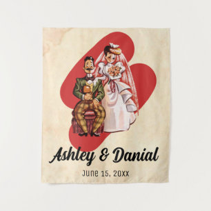 Vintage Retro Romantic Just Married Couple Wedding Tapestry