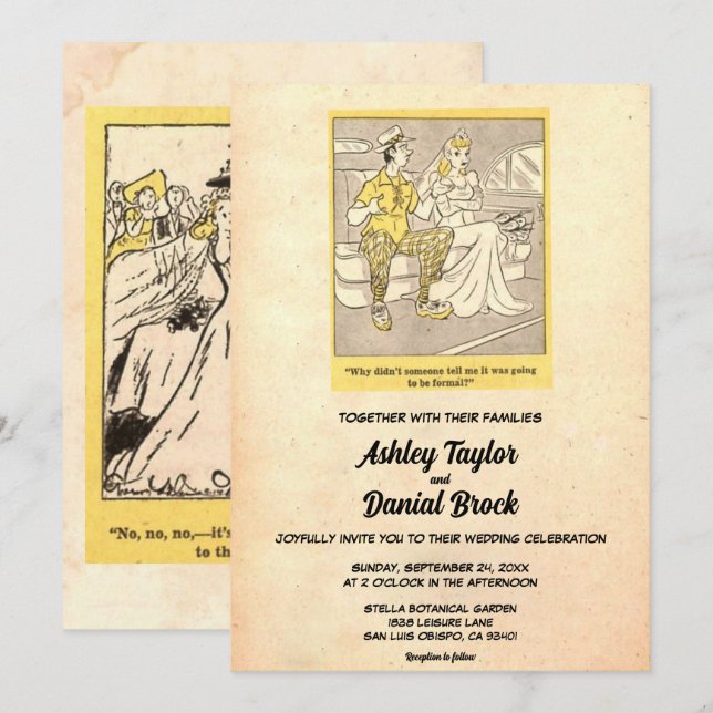 Vintage Retro Rustic Funny Couple Comic Wedding Invitation (Front/Back)
