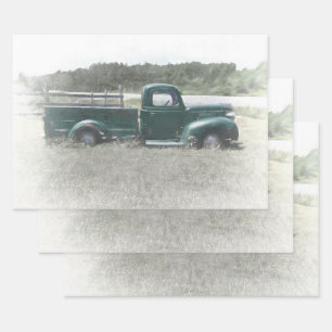 Vintage Retro Rustic Green Country Farm Truck Wrapping Paper Sheet