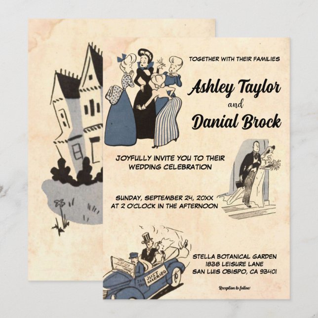 Vintage Retro Rustic Modern Comic Stylish Wedding Invitation (Front/Back)