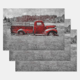 Vintage Retro Rustic Red Gray Farm Truck Wrapping Paper Sheet