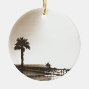 vintage retro san clemente pier california sepia ceramic tree decoration